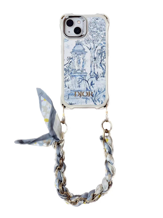 Luxury Dior iPhone Case with Elegant Chain on White Background