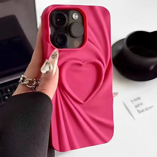 Fashion Fold Wrinkle 3D Love Heart Phone Case For iPhone 13 14 15 Pro