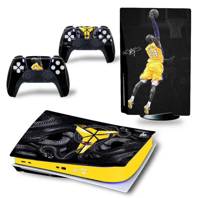 Kobe Bryant Black Mamba skin applied to PlayStation 5 console, featuring a sleek Lakers NBA legend design